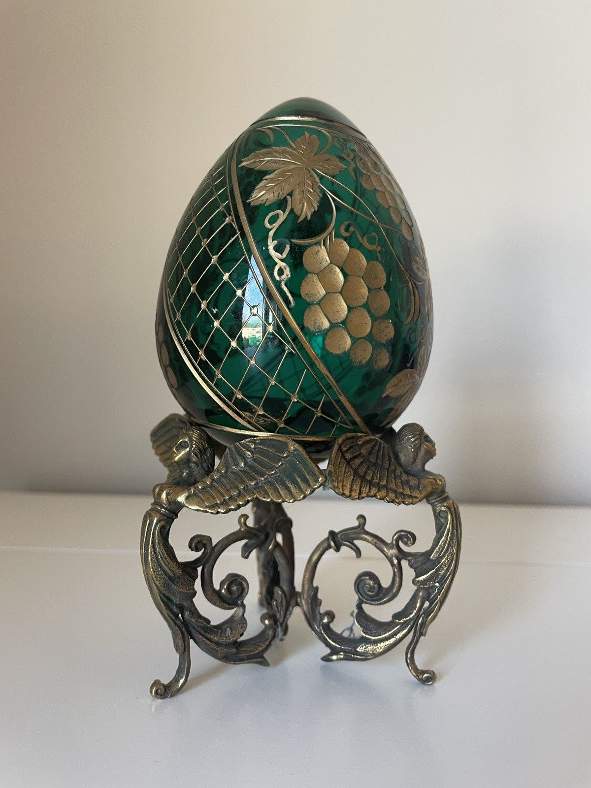 Peterhof Emerald Green & Gold Crystal Egg Hand Made Ornate Stand After Fabergé photo 89.0