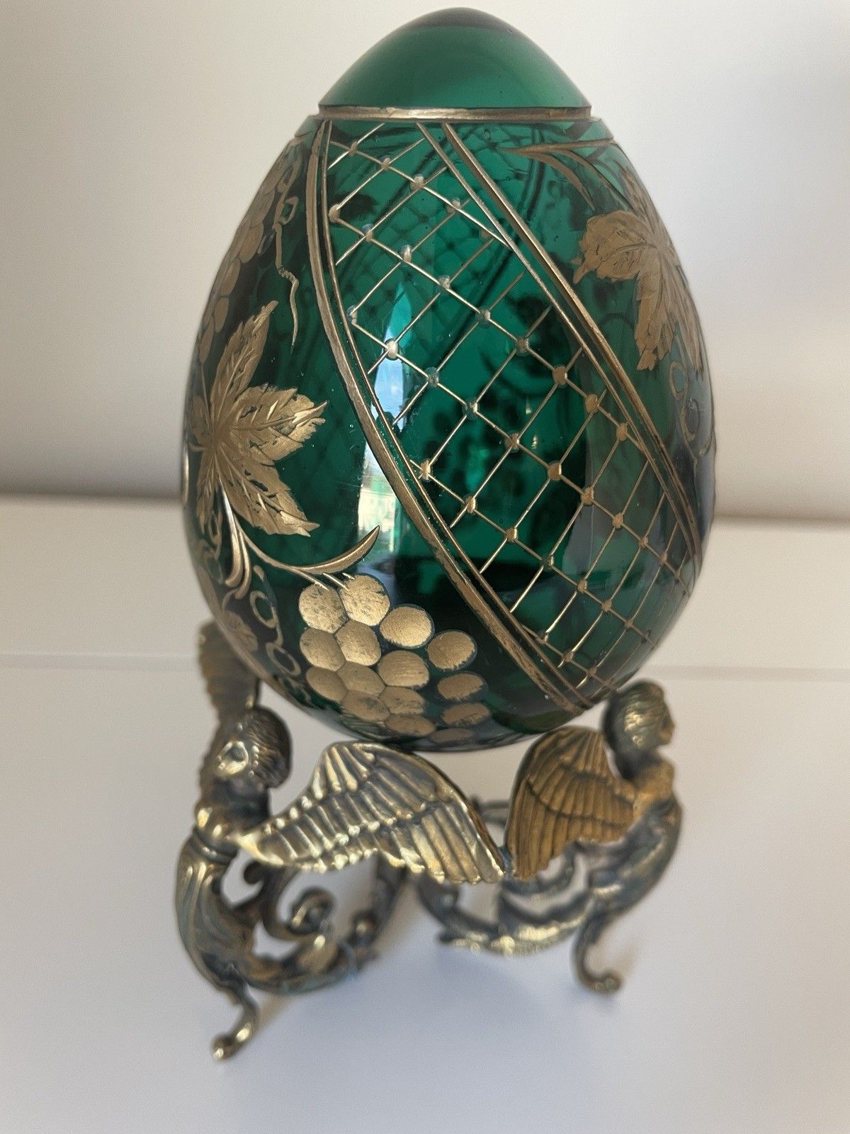 Peterhof Emerald Green & Gold Crystal Egg Hand Made Ornate Stand After Fabergé photo buy