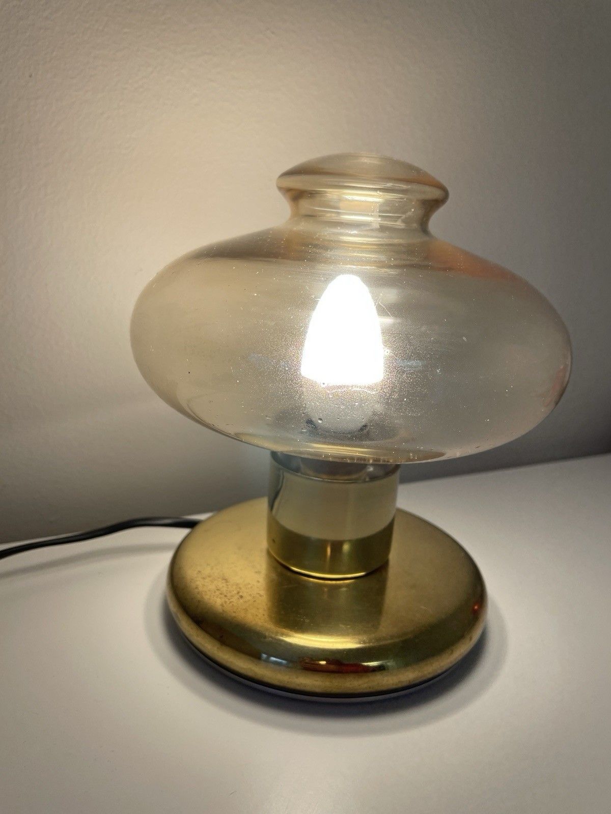 1970s Space Age Amber Glass Mushroom Table Lamp Brass Base Likely Swedish photo for sale