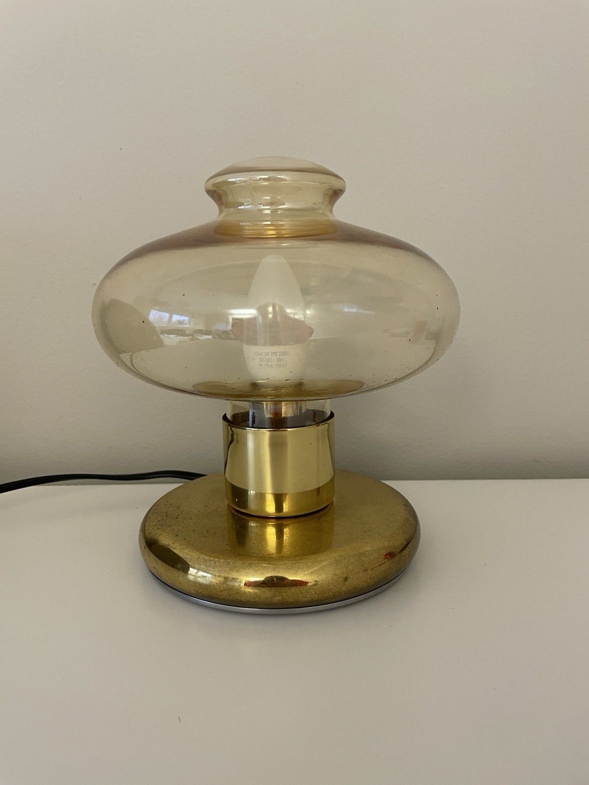 1970s Space Age Amber Glass Mushroom Table Lamp Brass Base Likely Swedish photo 150.0
