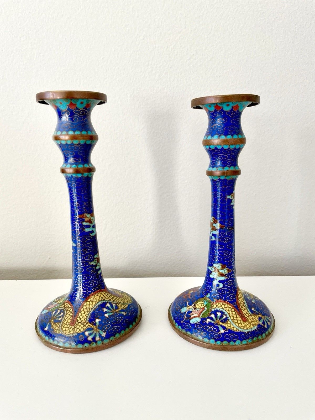Vintage Pair Of Beautiful Chinese Cloisonne Blue Enamel Dragon Candlestick