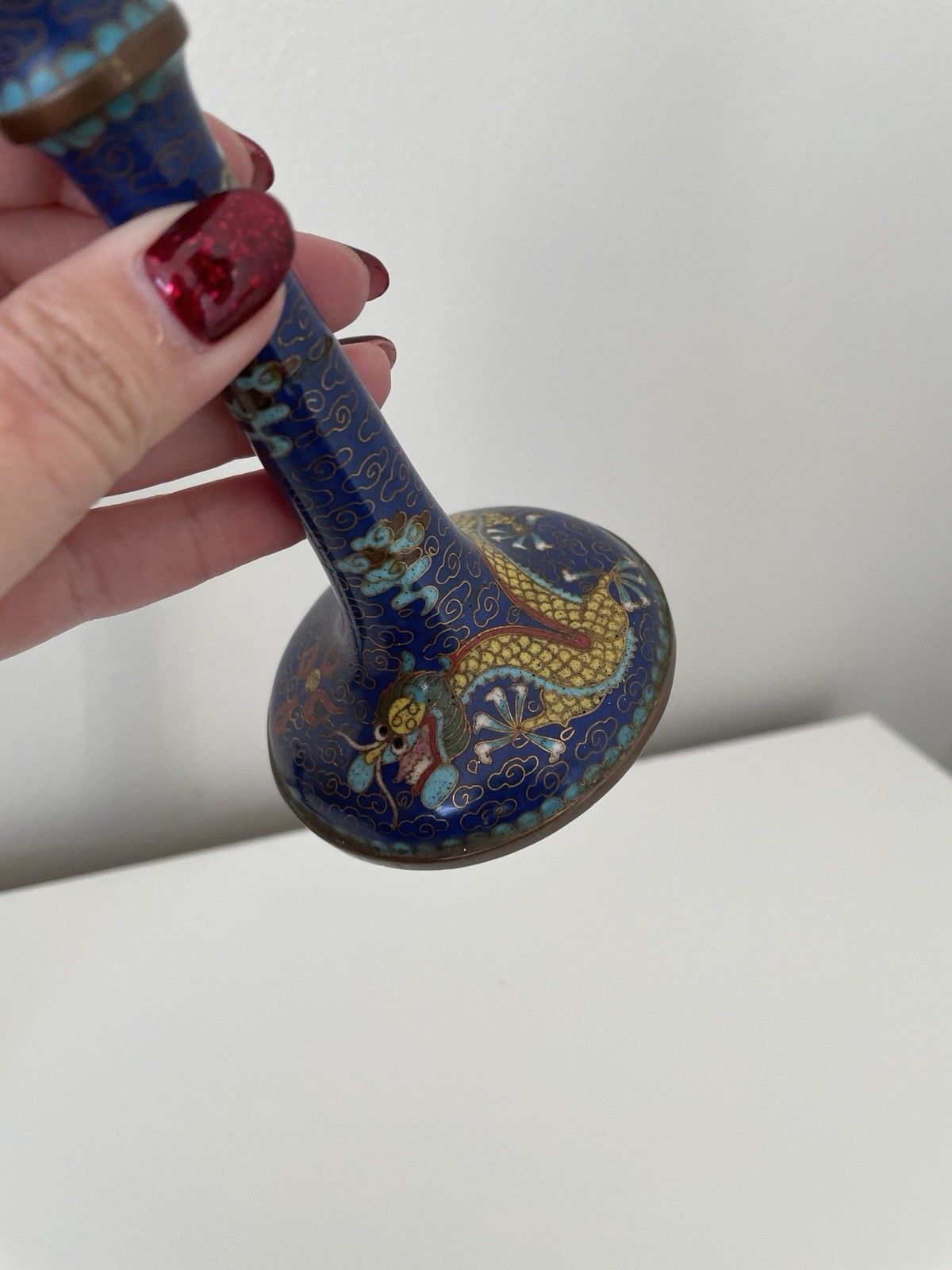 photo furniture Vintage Pair Of Beautiful Chinese Cloisonne Blue Enamel Dragon Candlestick