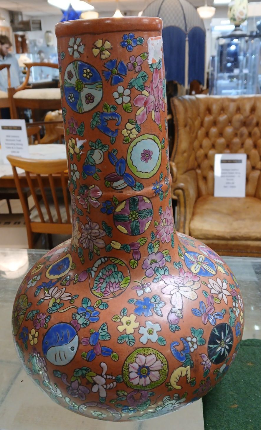 Pair Of Large Early C20th  Chinese Hand Painted Porcelain Flask Shaped Vases photo furniture