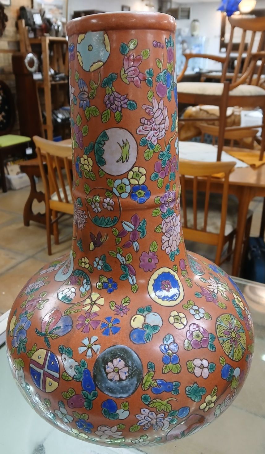 Pair Of Large Early C20th  Chinese Hand Painted Porcelain Flask Shaped Vases photo Home Decor