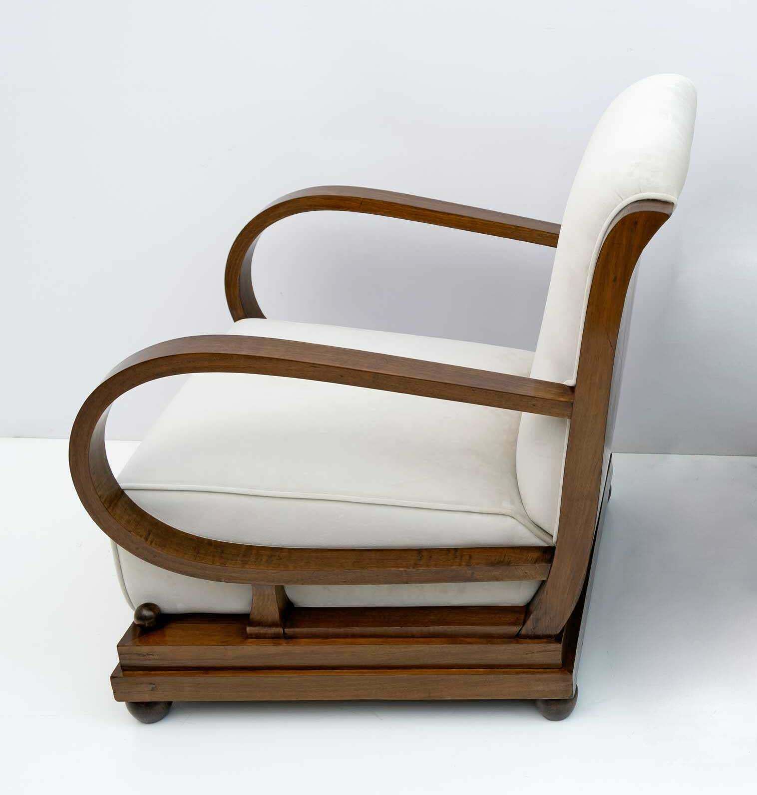 Pair Of Art Dèco Italian Walnut And Velvet Armchairs And Ottomans, 1920s photo 4509.0