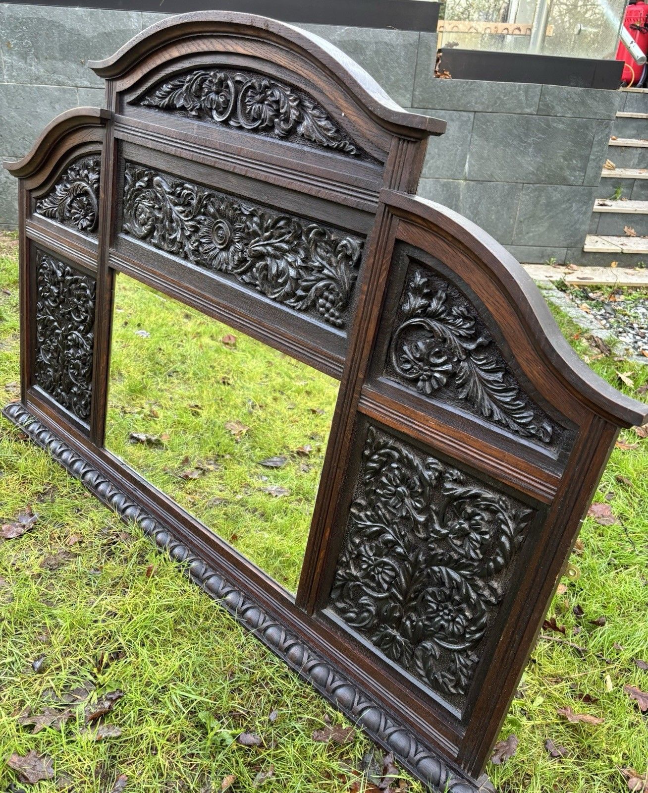 Antique Carved Oak Jacobean Revival Mirror Period Mantle Sideboard Old Bevelled photo for sale