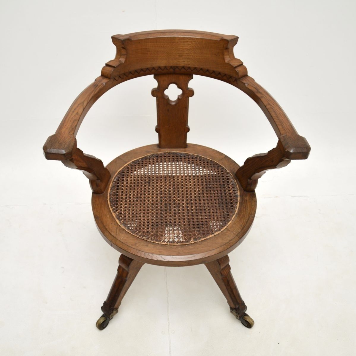 Antique Victorian Gothic Revival Solid Oak Swivel Desk Chair photo for sale