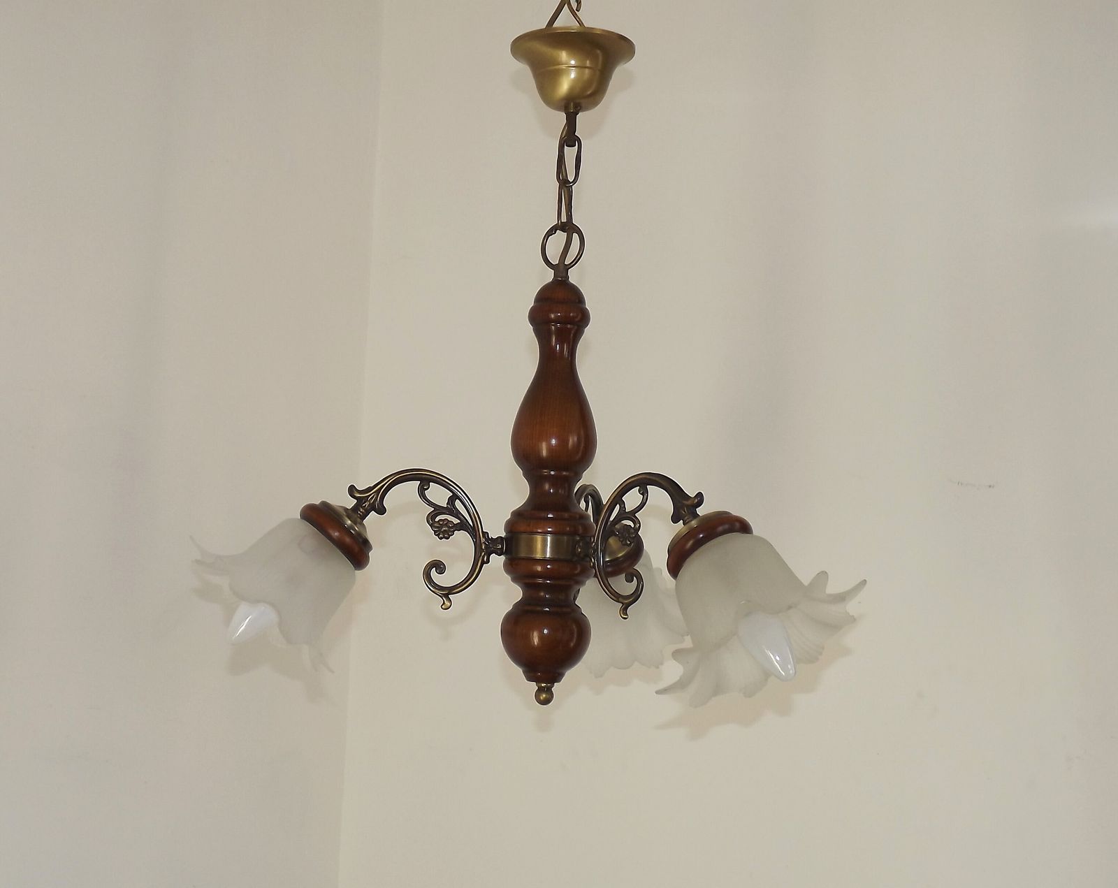 French 3 Light Wood & Bronzed Effect Metal Chandelier With Opaque Glass Shades
