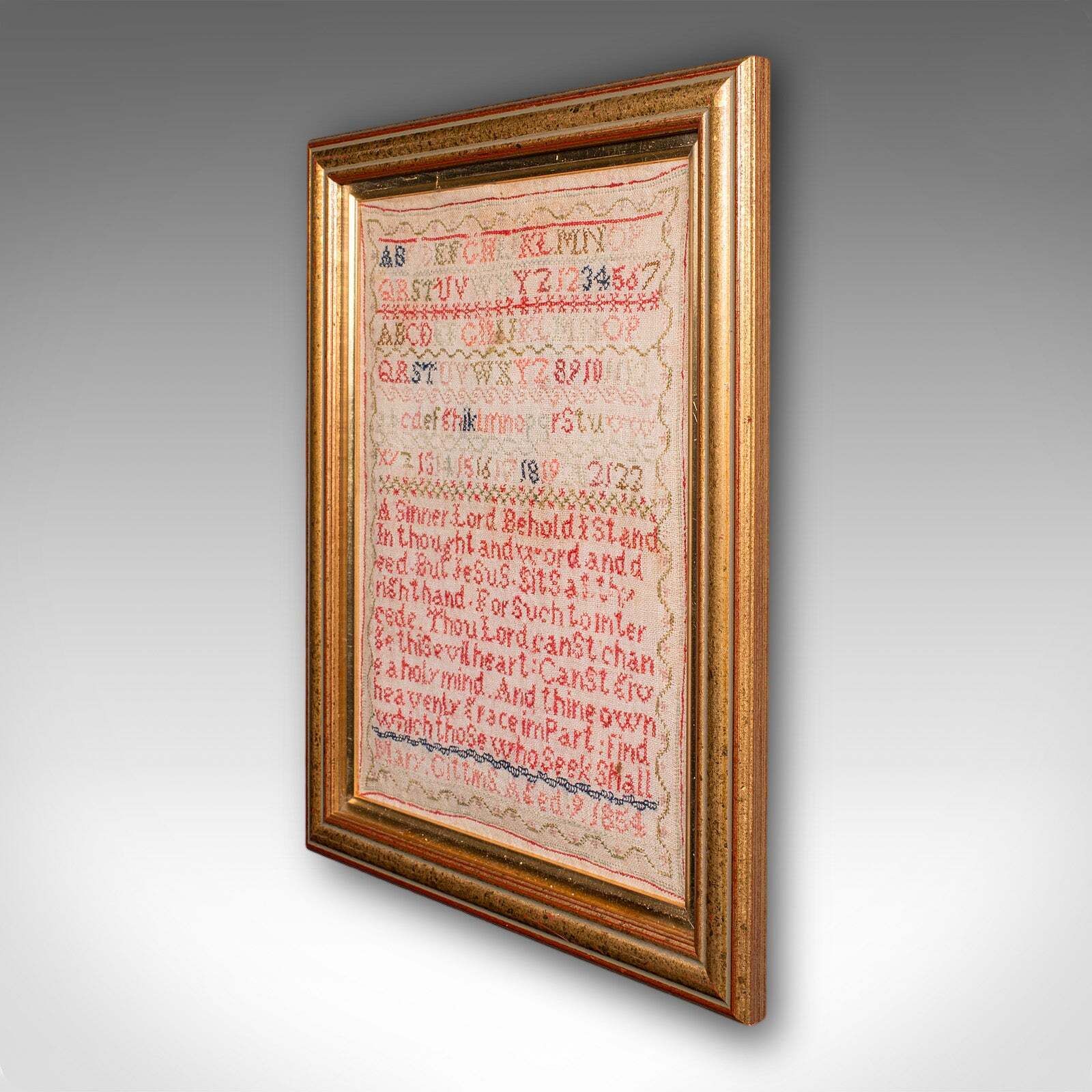 Antique Needlework Sampler, English, Framed, Embroidery Panel, Victorian, C.1854 photo for sale