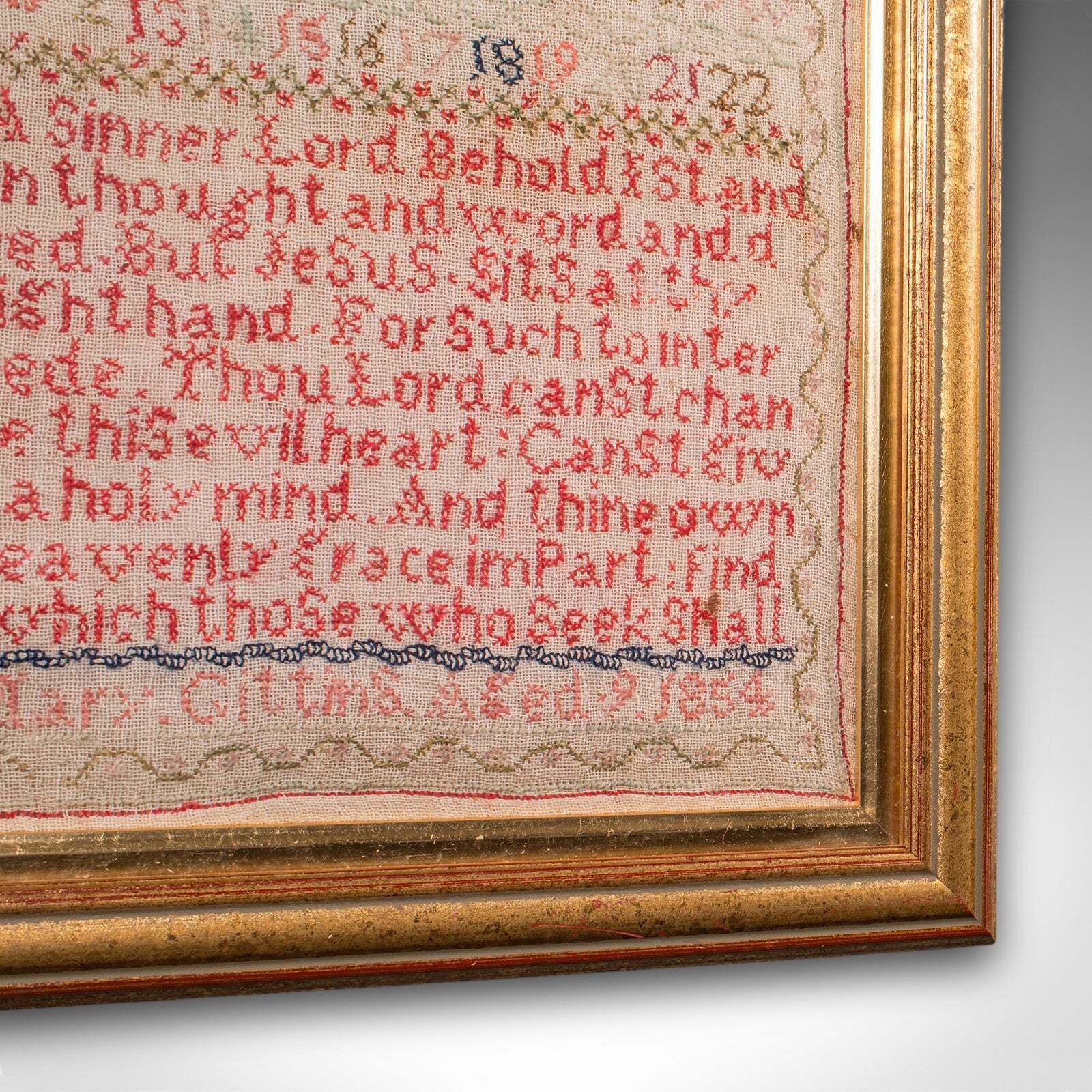 Antique Needlework Sampler, English, Framed, Embroidery Panel, Victorian, C.1854 photo vinterior