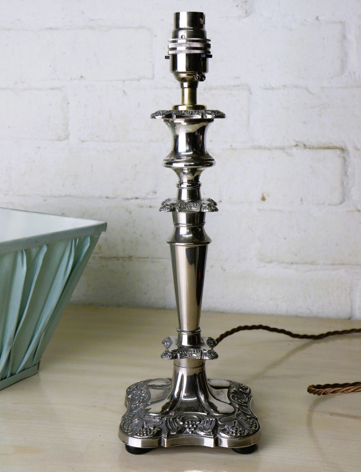 A Vintage Silver Plated Table Lamp With Ornate Castings With A Pale Sage Pinch Pleated Lampshade photo 105.0