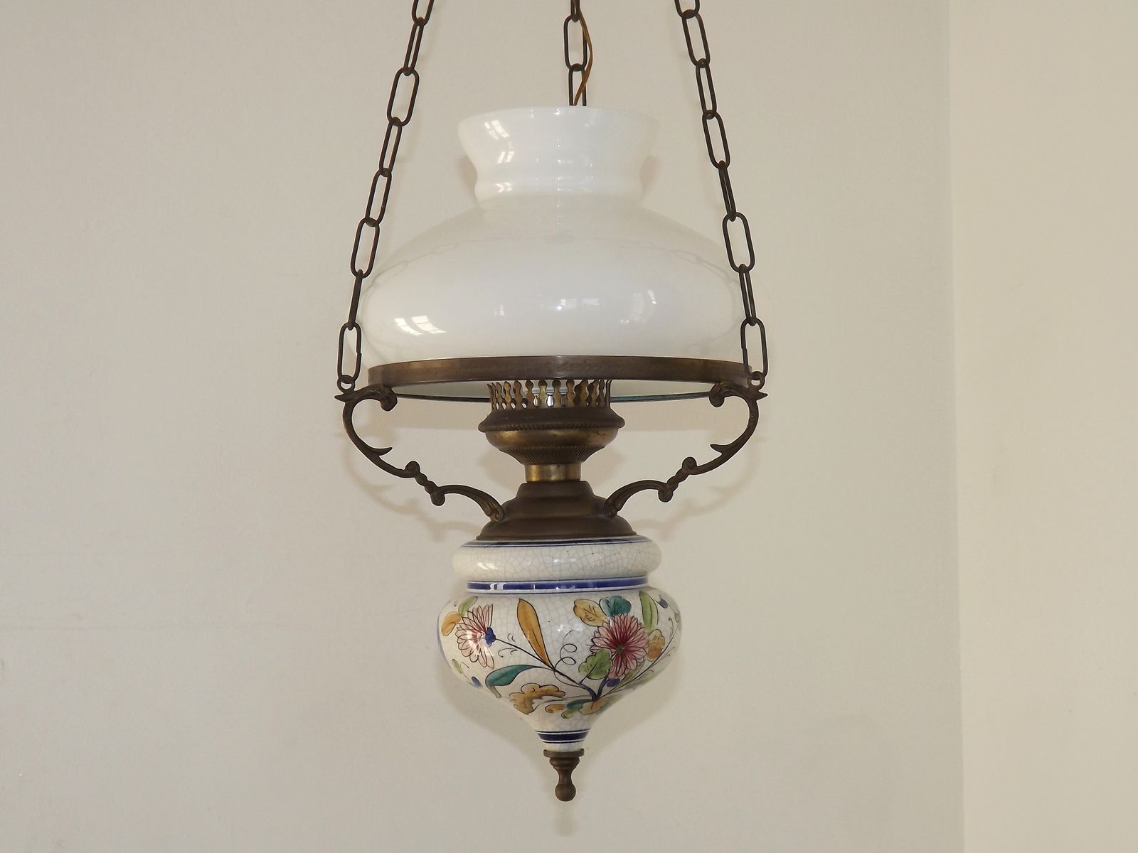 French Mid Century Country Lantern Light   Floral Finial  White Opaque Glass Shade photo 165.0