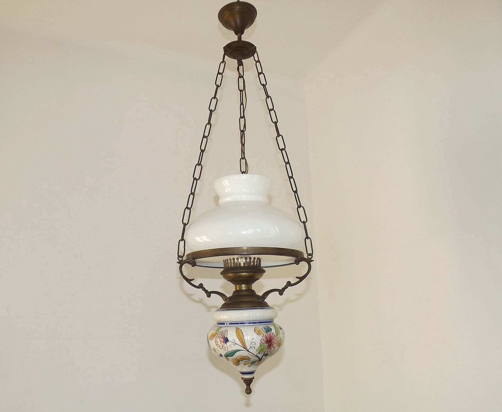 French Mid Century Country Lantern Light   Floral Finial  White Opaque Glass Shade