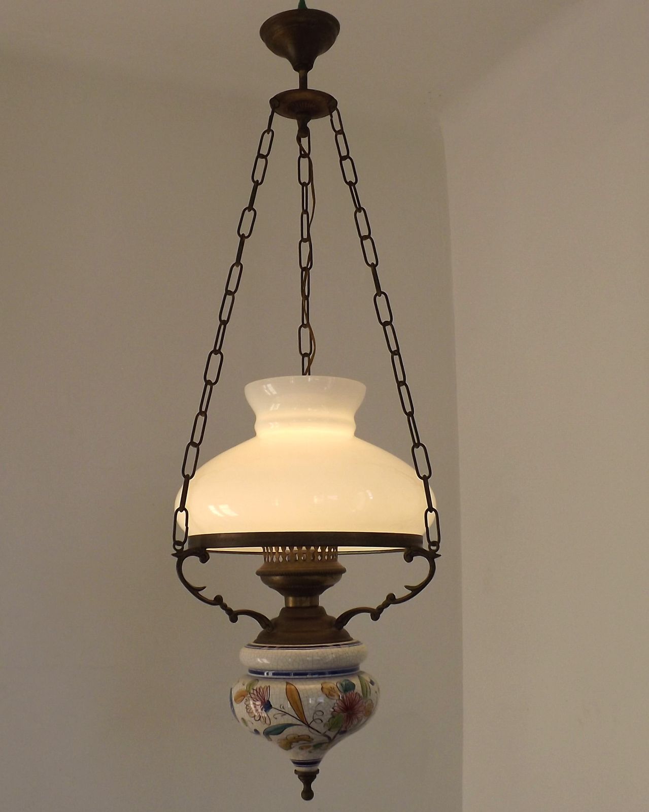 photo for sale French Mid Century Country Lantern Light   Floral Finial  White Opaque Glass Shade