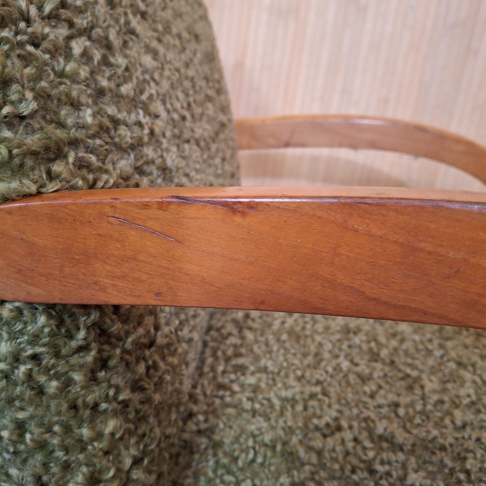 365.0 Fab Vintage Art Deco Style Beech Bentwood Bridge Chair Soft Khaki Green Boucle photo