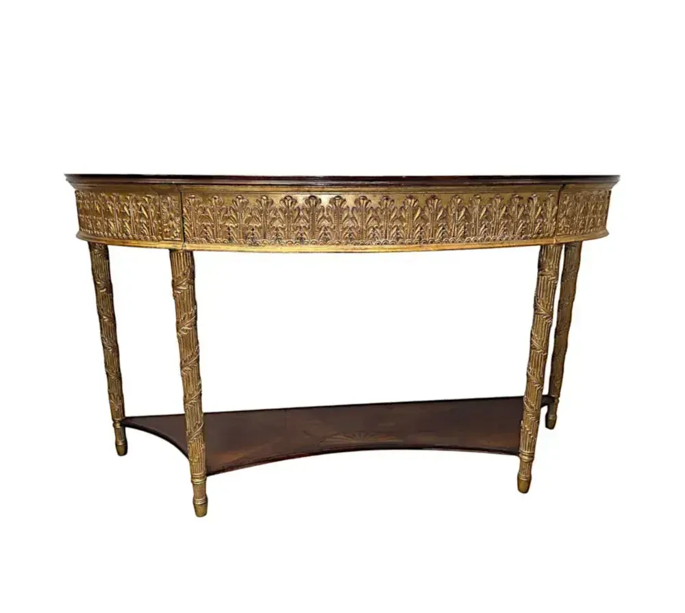 A Very Fine Pair Of Hand Made 20th Century Parcel Gilt And Inlaid Demilune Console Tables photo for sale