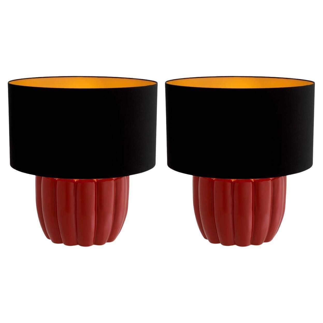 Pair Of Table Lamps In Red Wood With Black Shade, Contemporary Design