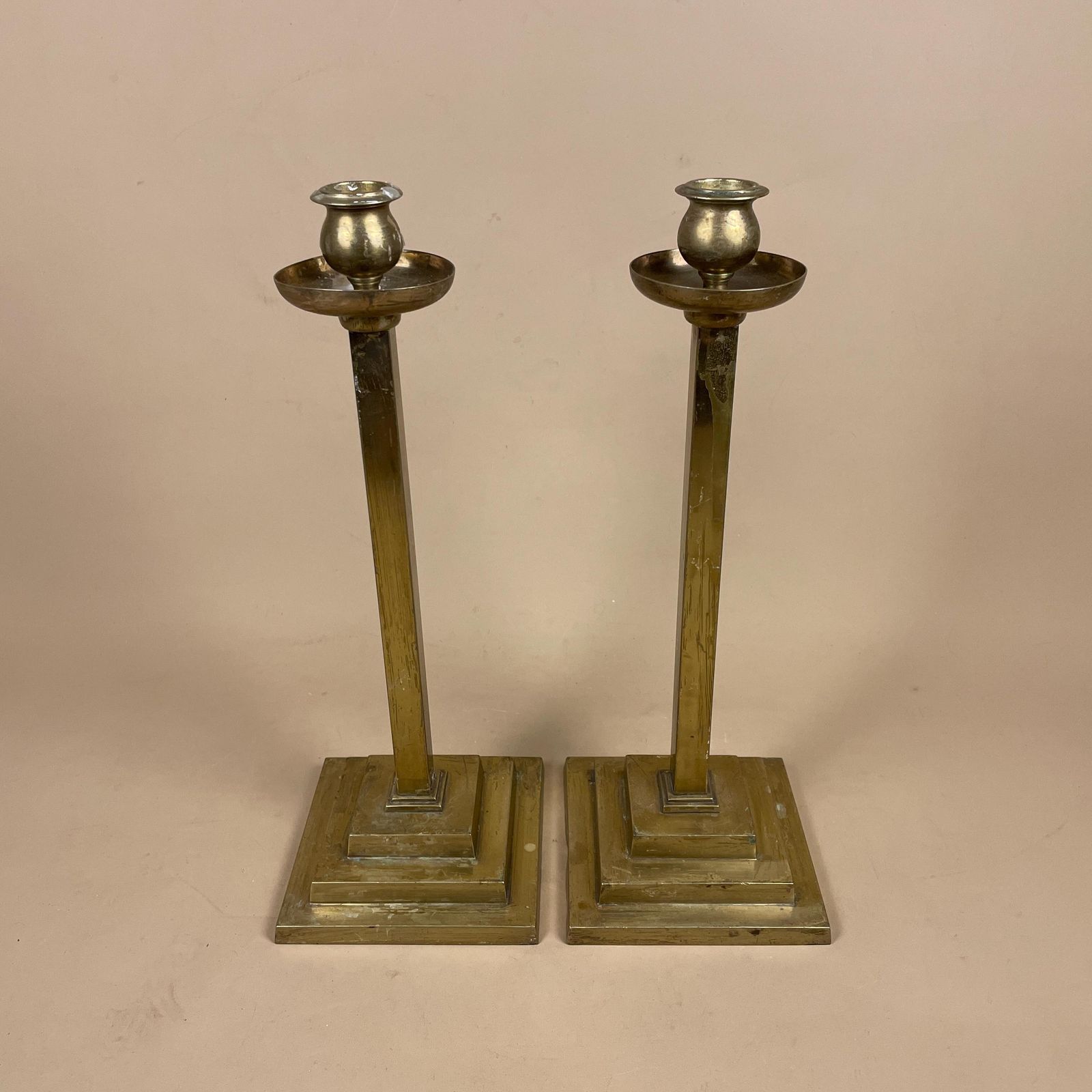 Large Antique Matching Pair Of Gold Brass Metal Candlestick Candle Stick Vintage Column Taper Dinner Candlesticks Square Base Set photo for sale