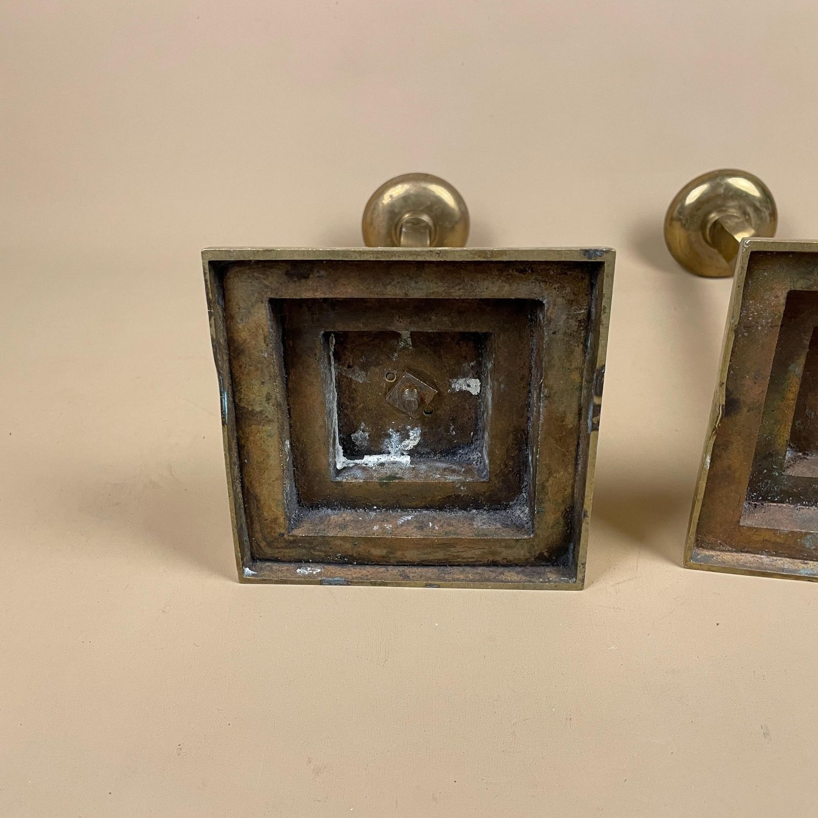 photo for sale Large Antique Matching Pair Of Gold Brass Metal Candlestick Candle Stick Vintage Column Taper Dinner Candlesticks Square Base Set