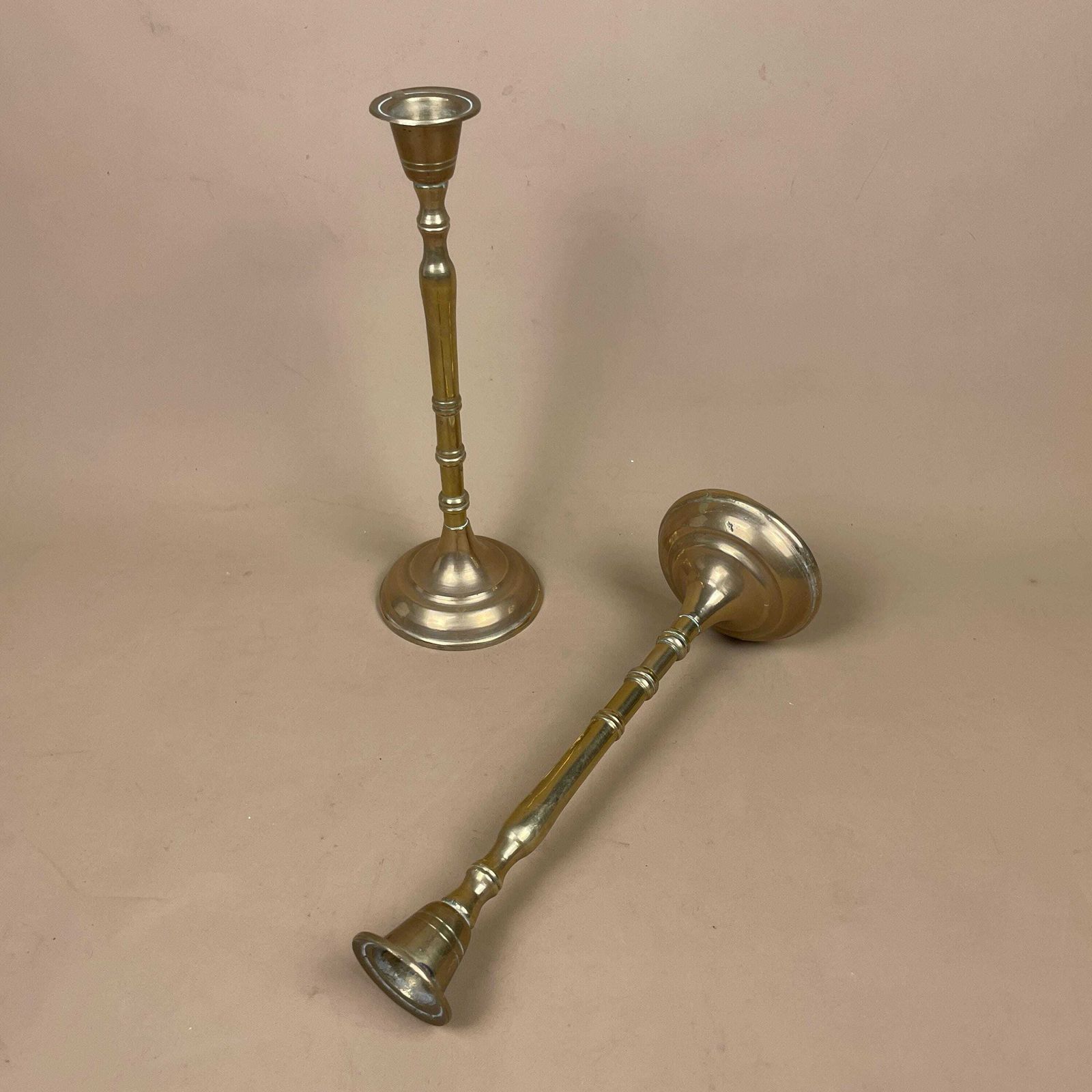 Antique Matching Pair Of Gold Brass Metal Candlestick Candle Stick Vintage Column Taper Dinner Candlesticks Round Base Column Thin Stem photo furniture