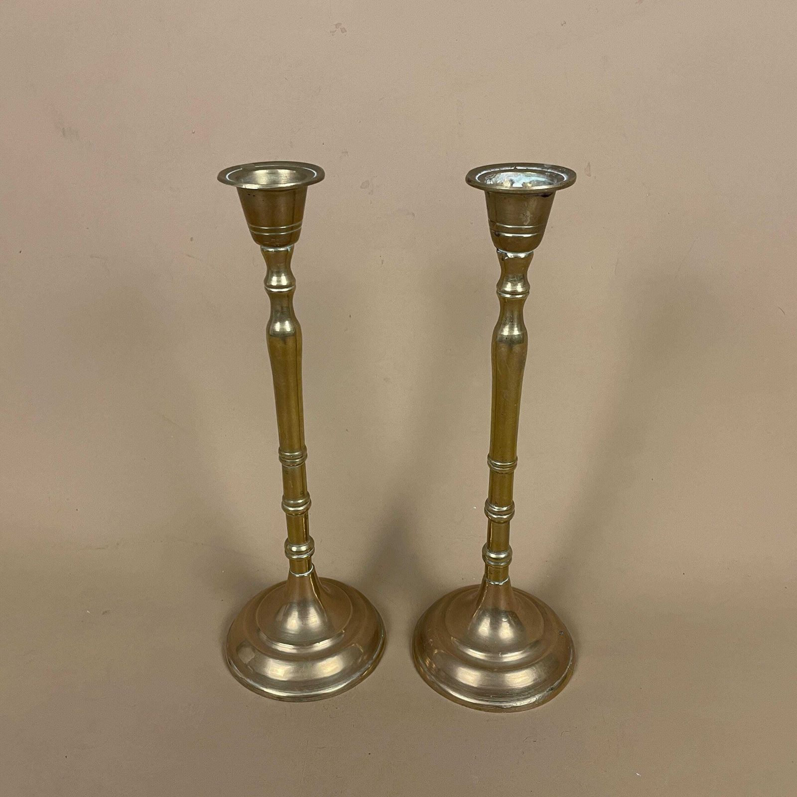 Antique Matching Pair Of Gold Brass Metal Candlestick Candle Stick Vintage Column Taper Dinner Candlesticks Round Base Column Thin Stem photo for sale