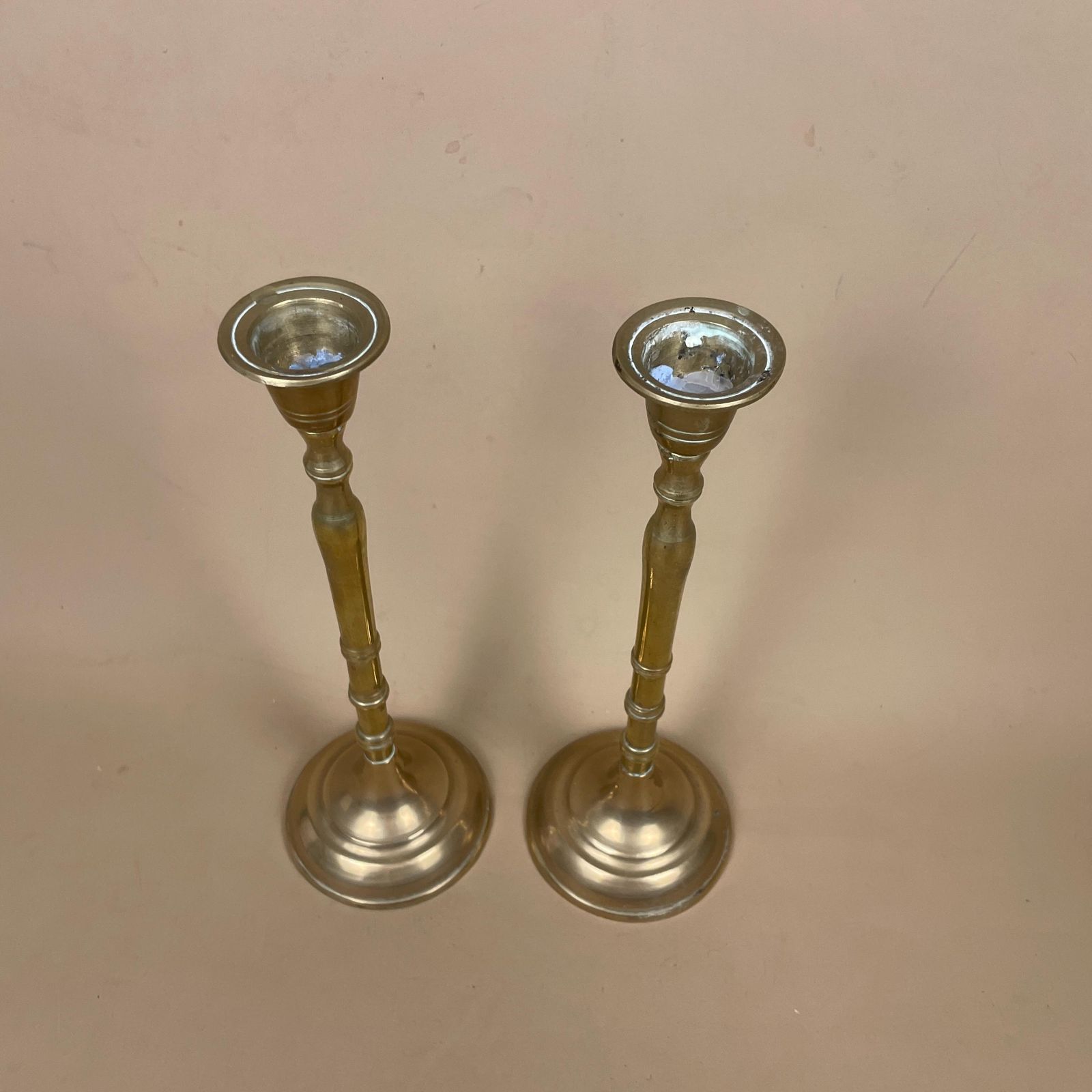 Antique Matching Pair Of Gold Brass Metal Candlestick Candle Stick Vintage Column Taper Dinner Candlesticks Round Base Column Thin Stem photo buy