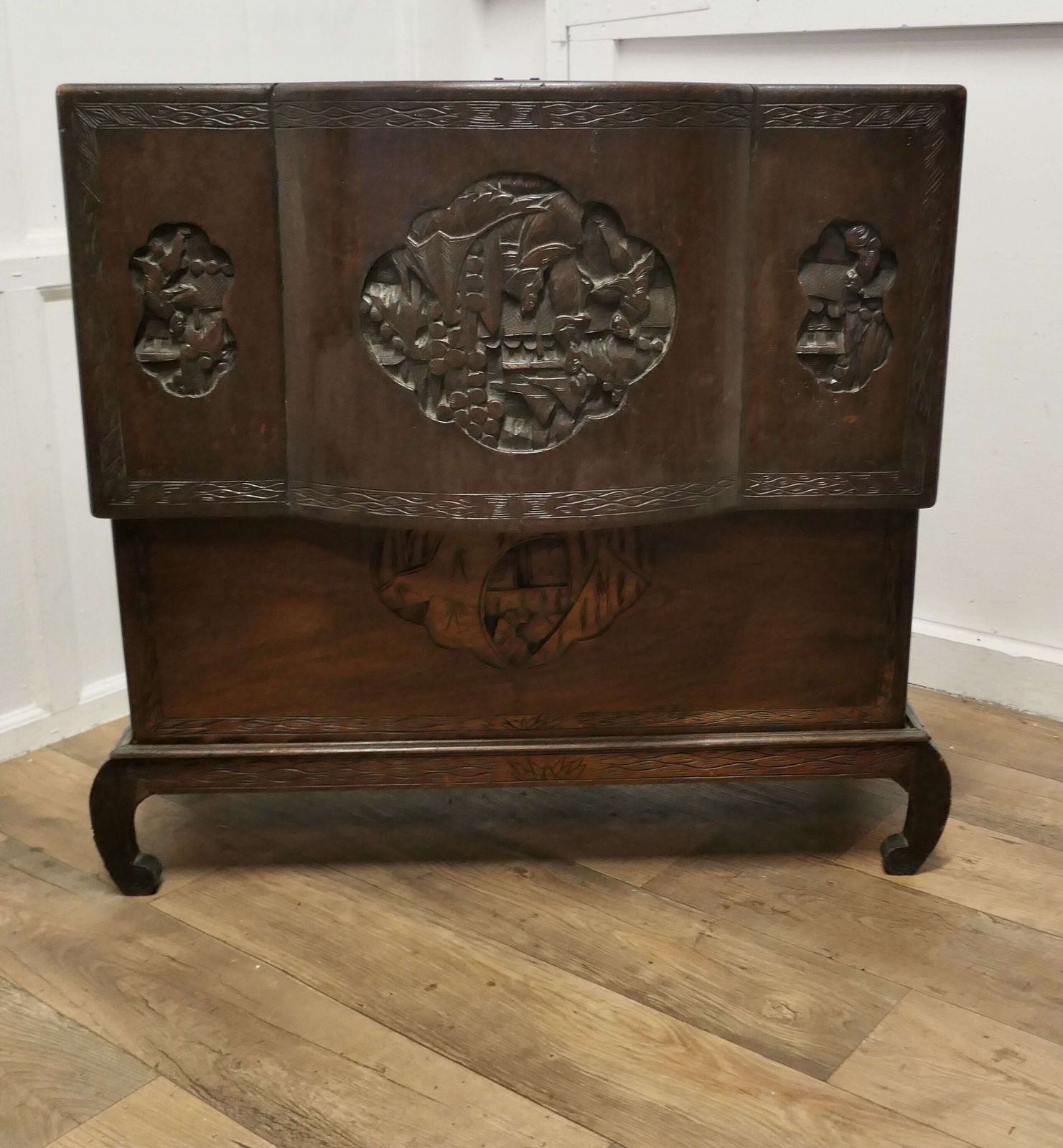 Art Deco Oriental Carved Camphor Wood Chest On Stand photo buy