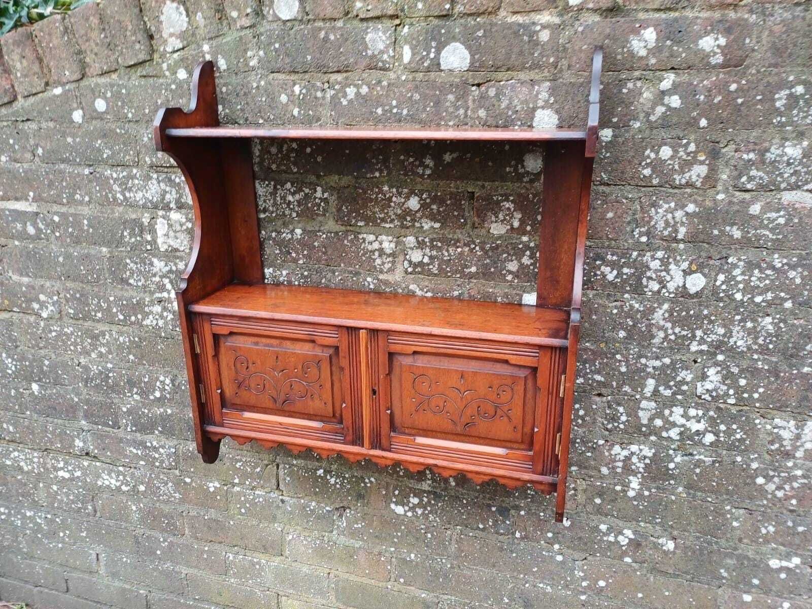 Victorian Mahogany Wall Cabinet With Shelves, Carved Doors, Antique English Furniture