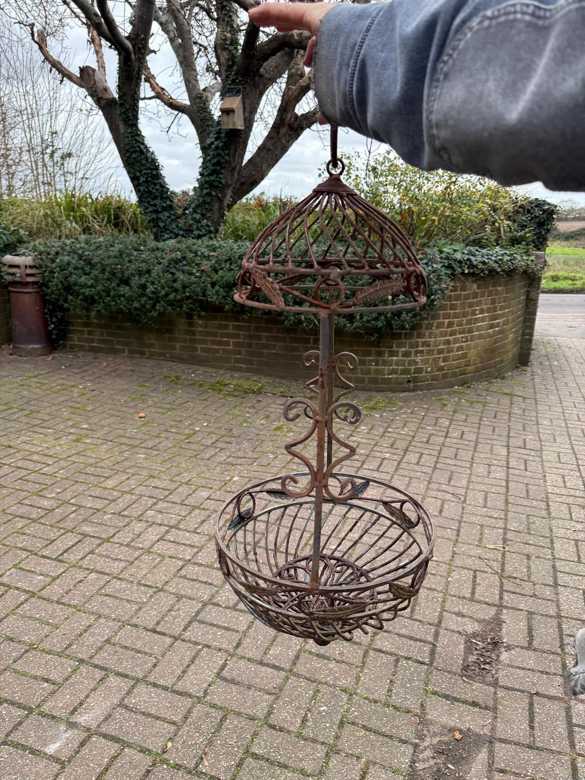 Garden Decor Vintage Wrought Iron Hanging Plant Stand With Basket, Vintage Jardiniere, Hanging Basket, 1970s Garden Decor (1) photo