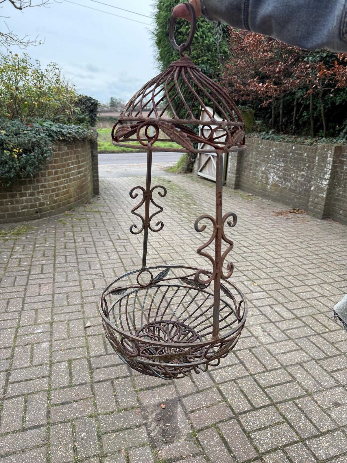 photo buy Vintage Wrought Iron Hanging Plant Stand With Basket, Vintage Jardiniere, Hanging Basket, 1970s Garden Decor (1)