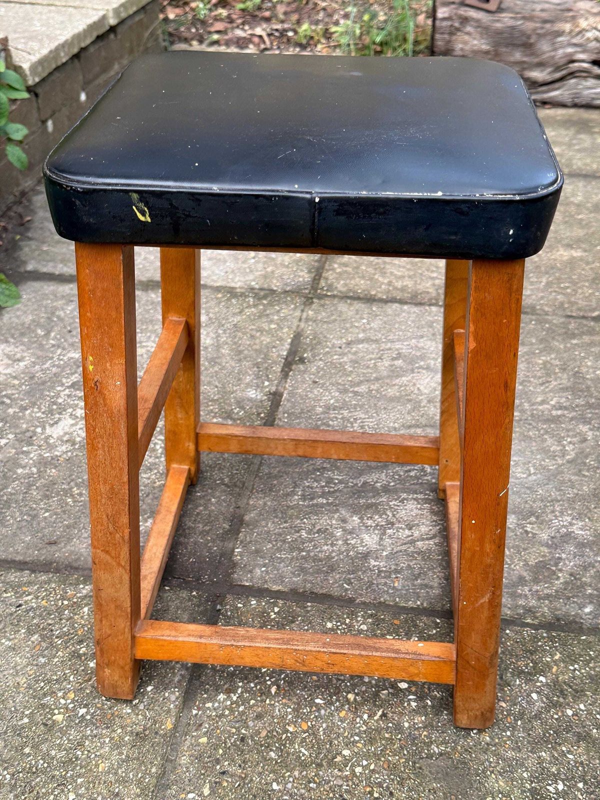 photo furniture Mid Century Utility Stool 1940s 1950s Wooden Kitchen Workshop Stool Vinyl Seat
