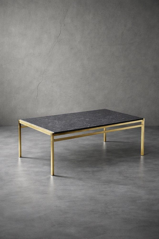 Furniture Mid Century Italian Modern Brass Coffee Table With Stone Top, 1970s photo