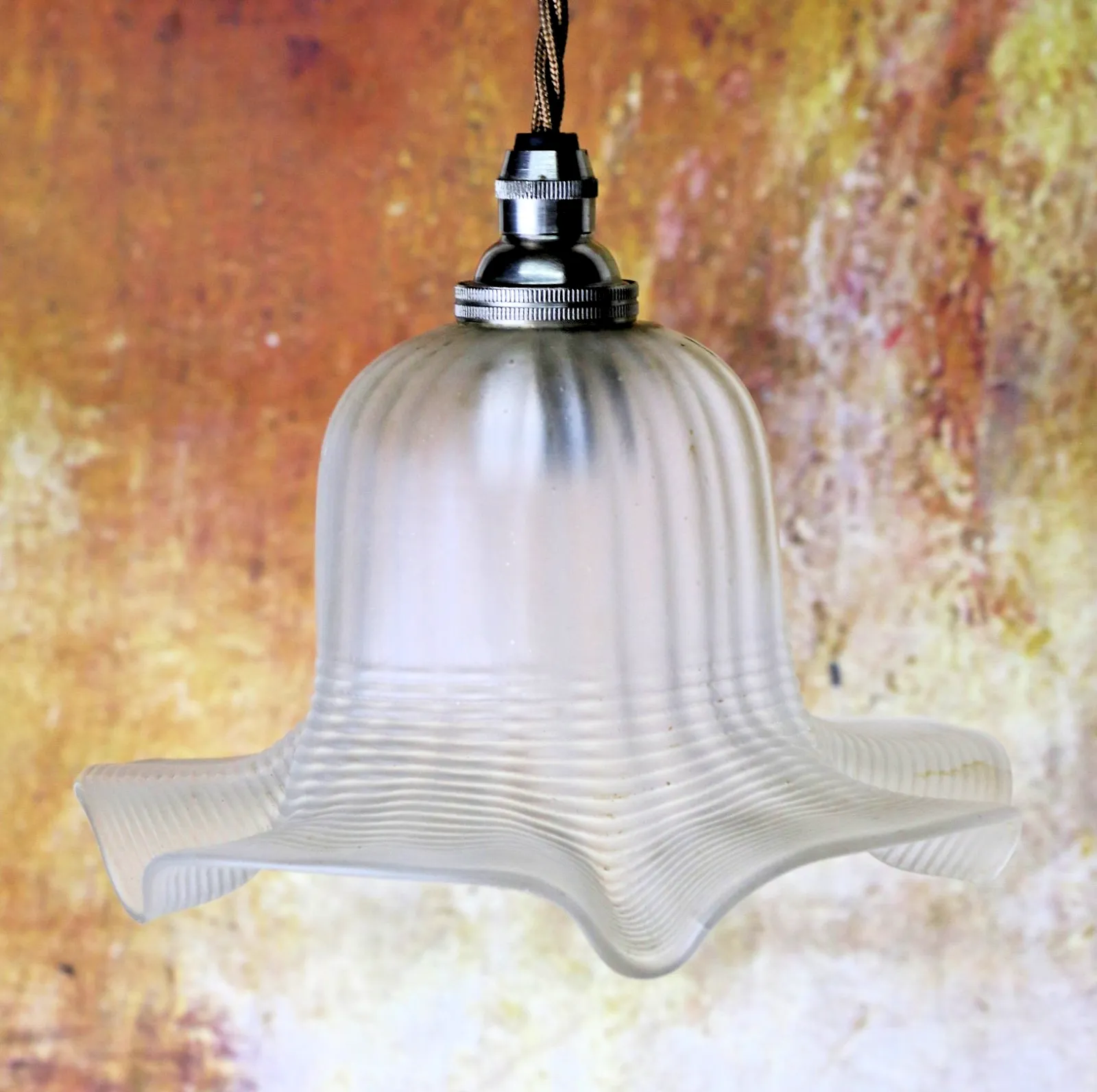 Ceiling Light Antique Small Edwardian Frosted Glass Pendant Hand Frilled & Lined