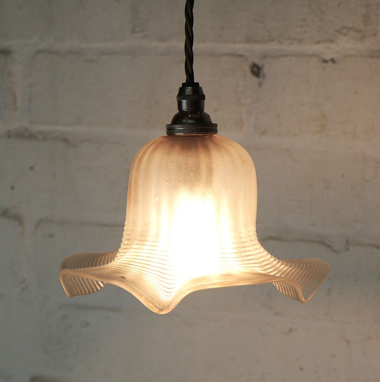 Ceiling Light Antique Small Edwardian Frosted Glass Pendant Hand Frilled & Lined photo 65.0