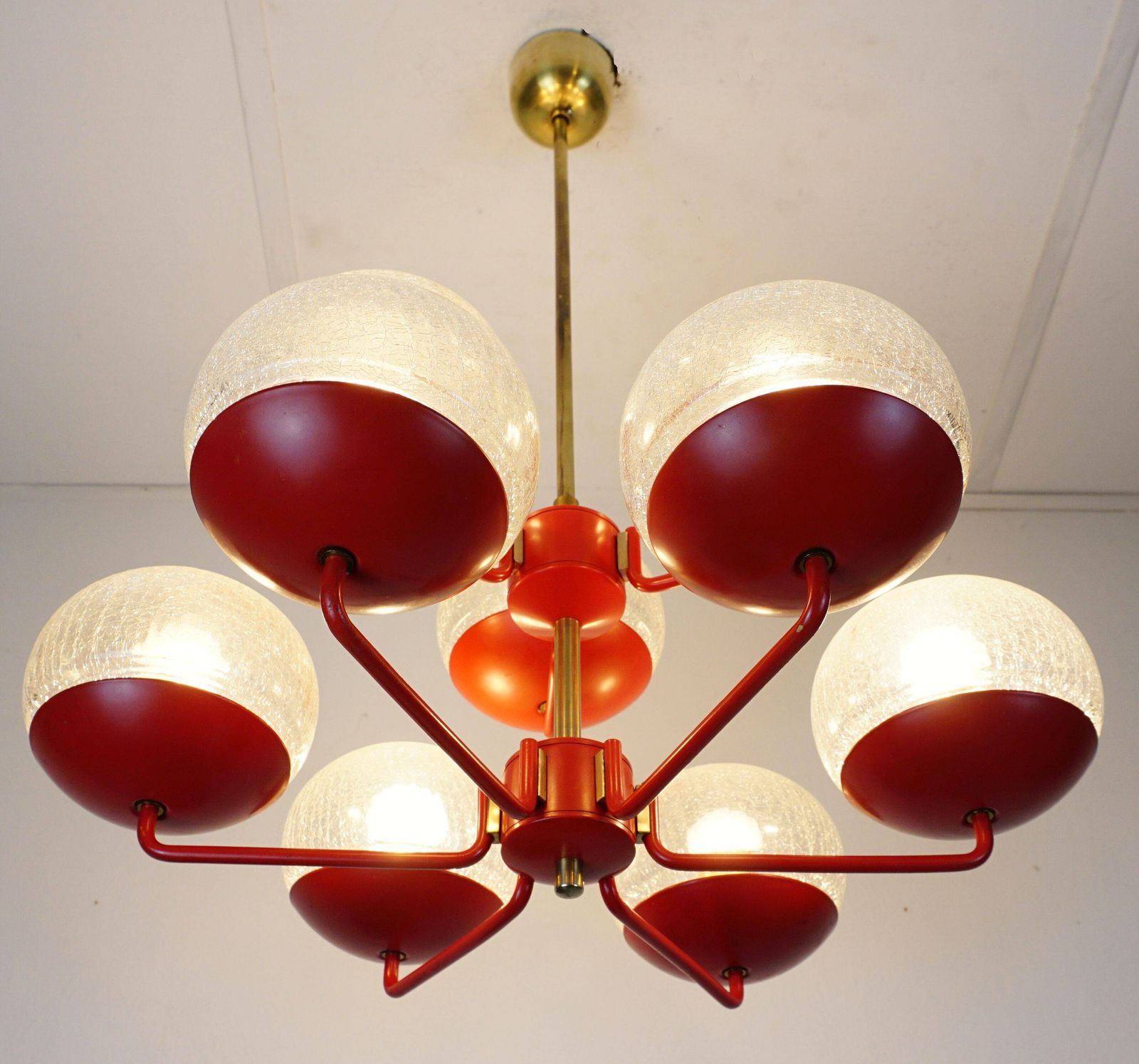 1960s Style Light Up Hat, Red Metal And Brass, With 9 Crackled Glass Shades photo buy