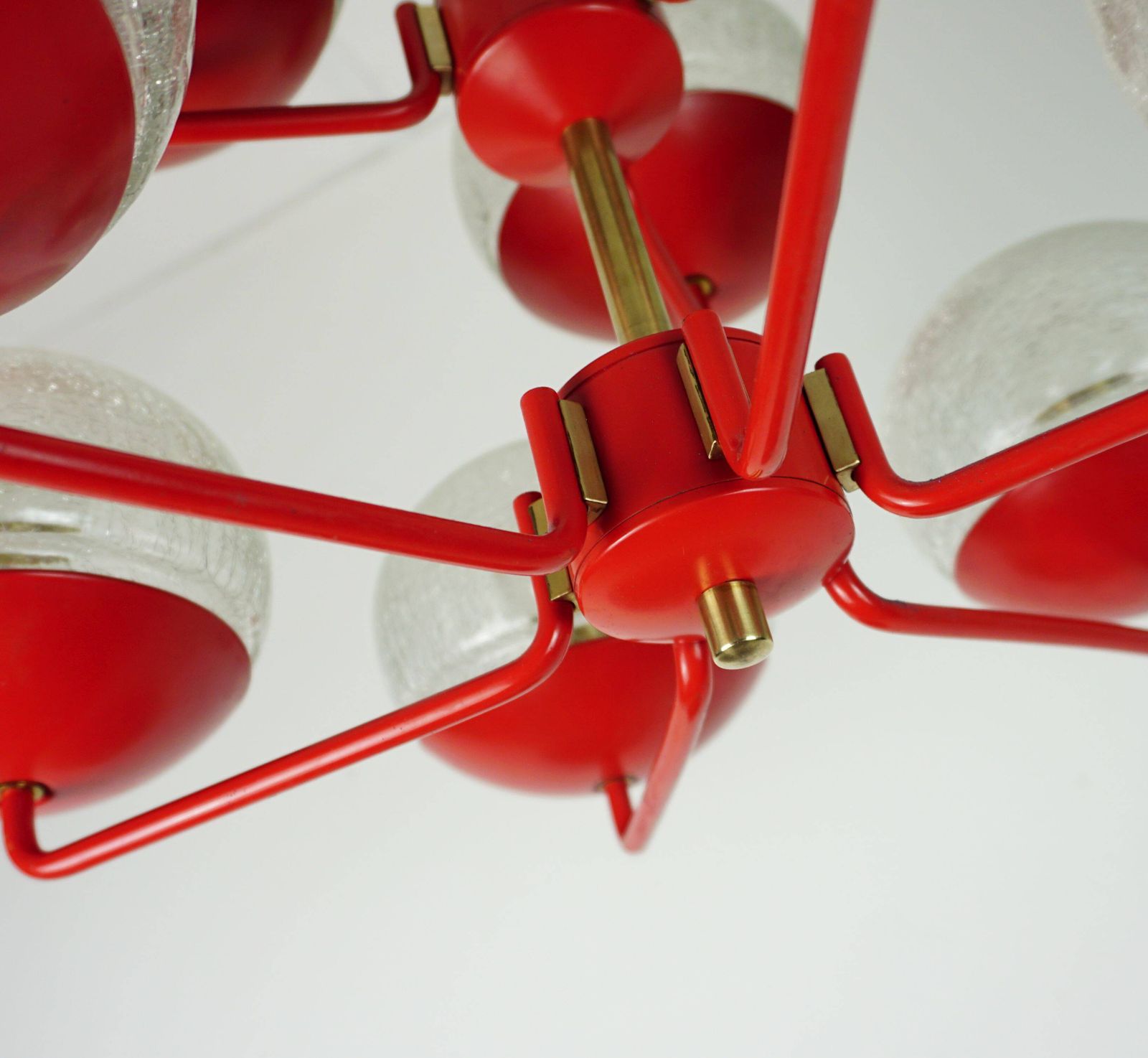 photo furniture 1960s Style Light Up Hat, Red Metal And Brass, With 9 Crackled Glass Shades