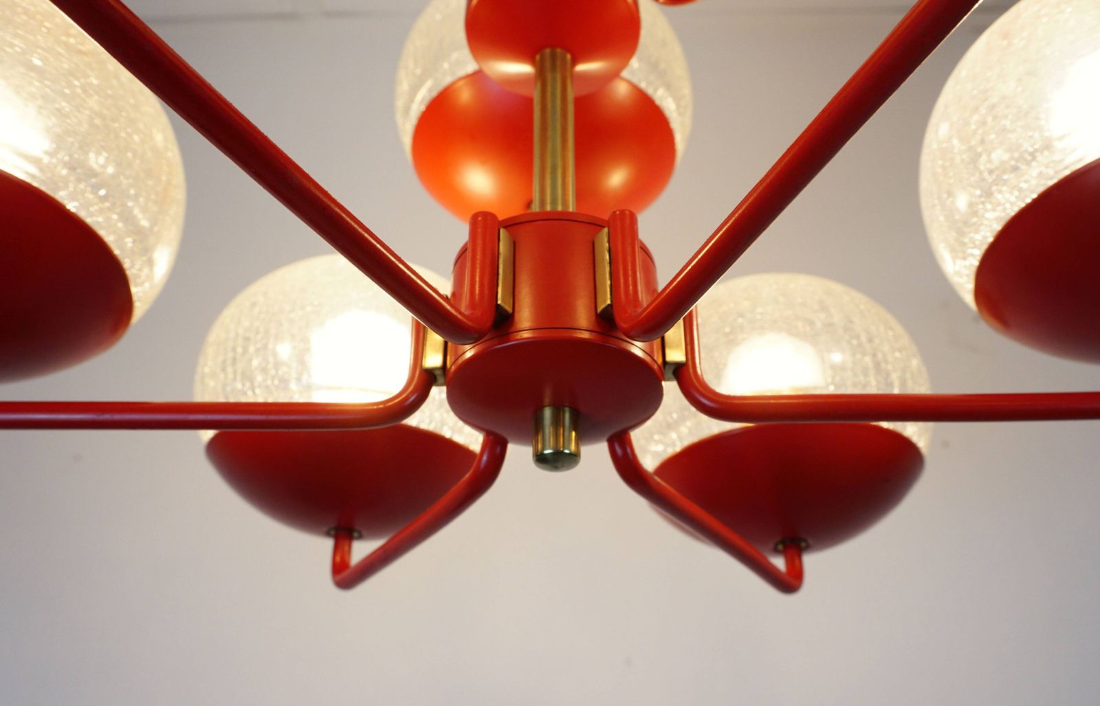 960.0 1960s Style Light Up Hat, Red Metal And Brass, With 9 Crackled Glass Shades photo