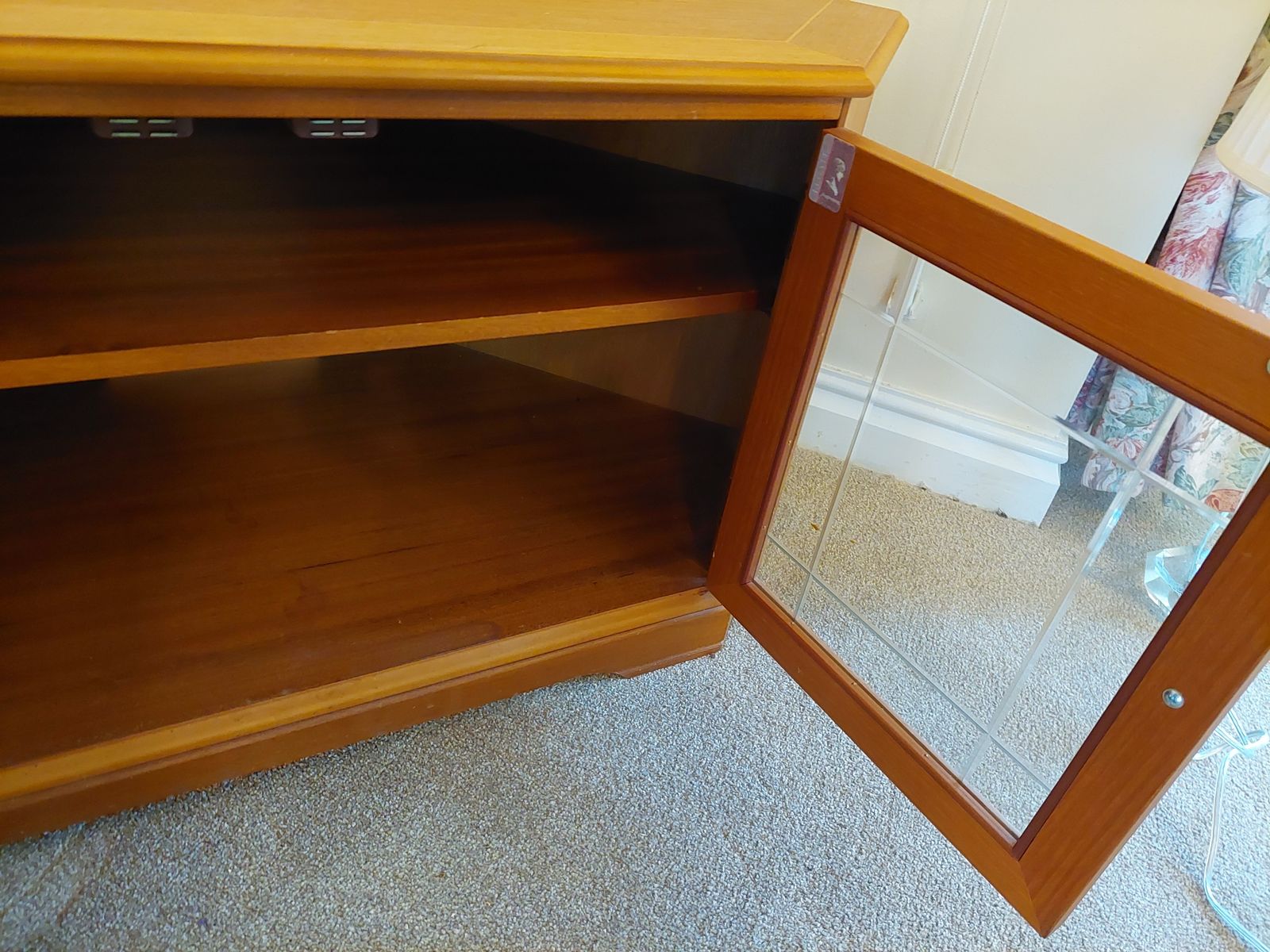 Teak Finish Glass Fonted Corner Cabinet   Late 20th Century photo for sale
