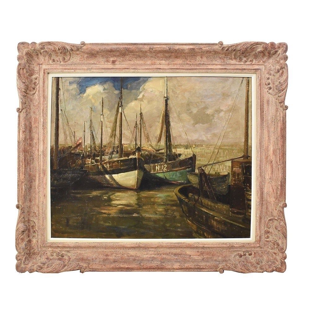 Antique Marine Painting With Boats, Seascape, 20th Century.