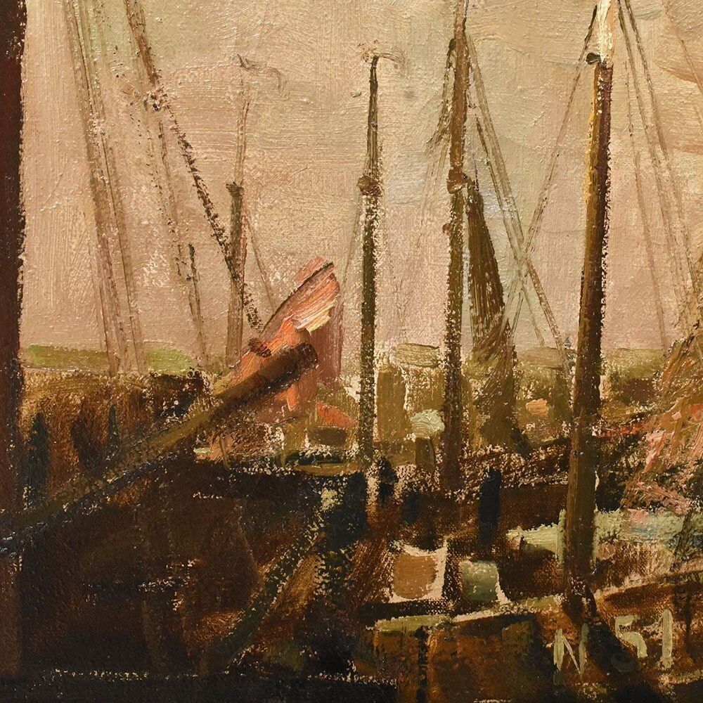 Antique Marine Painting With Boats, Seascape, 20th Century. photo vintage
