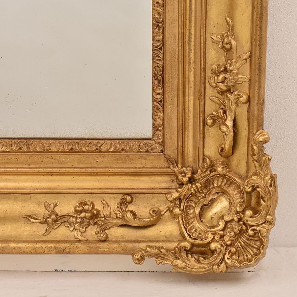 photo furniture Antique Rectangular Gold Leaf Wall Mirror, Louis Philippe, Floral Motifs, Gilded, XIX Century.