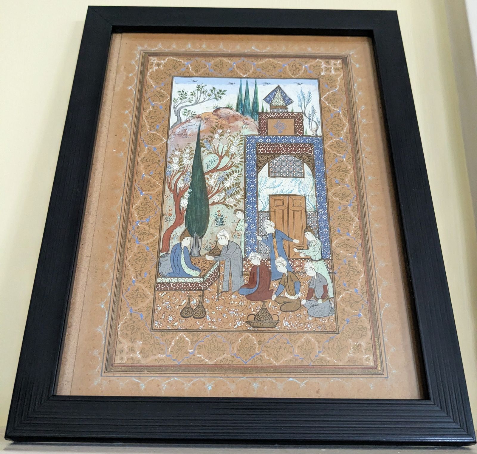 Antique Miniature Painting In Islamic Safavid Style Showing Court Scene