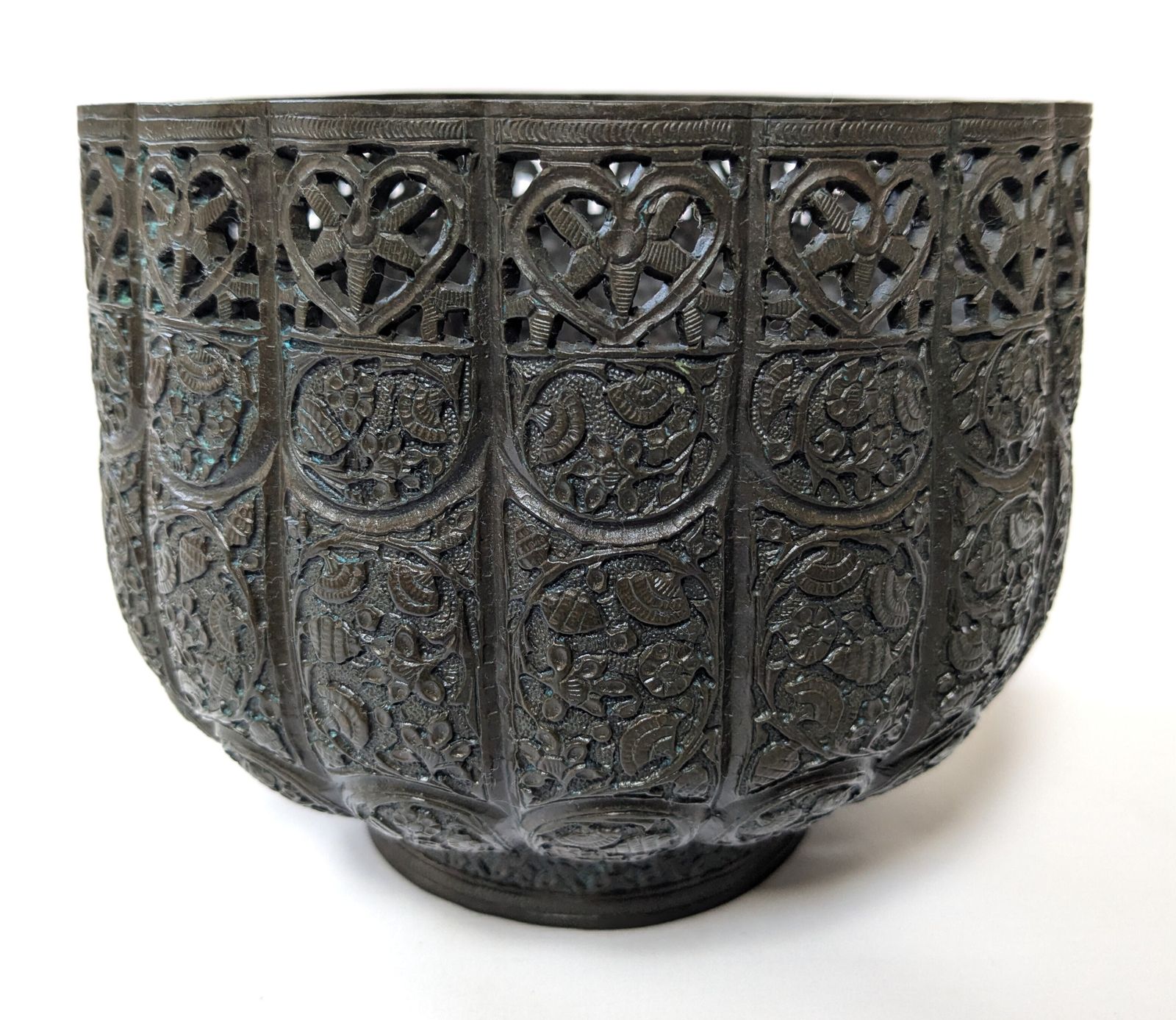 Antique Islamic Kashmiri Copper Bowl / Planter With Cutwork And Relief Decoration