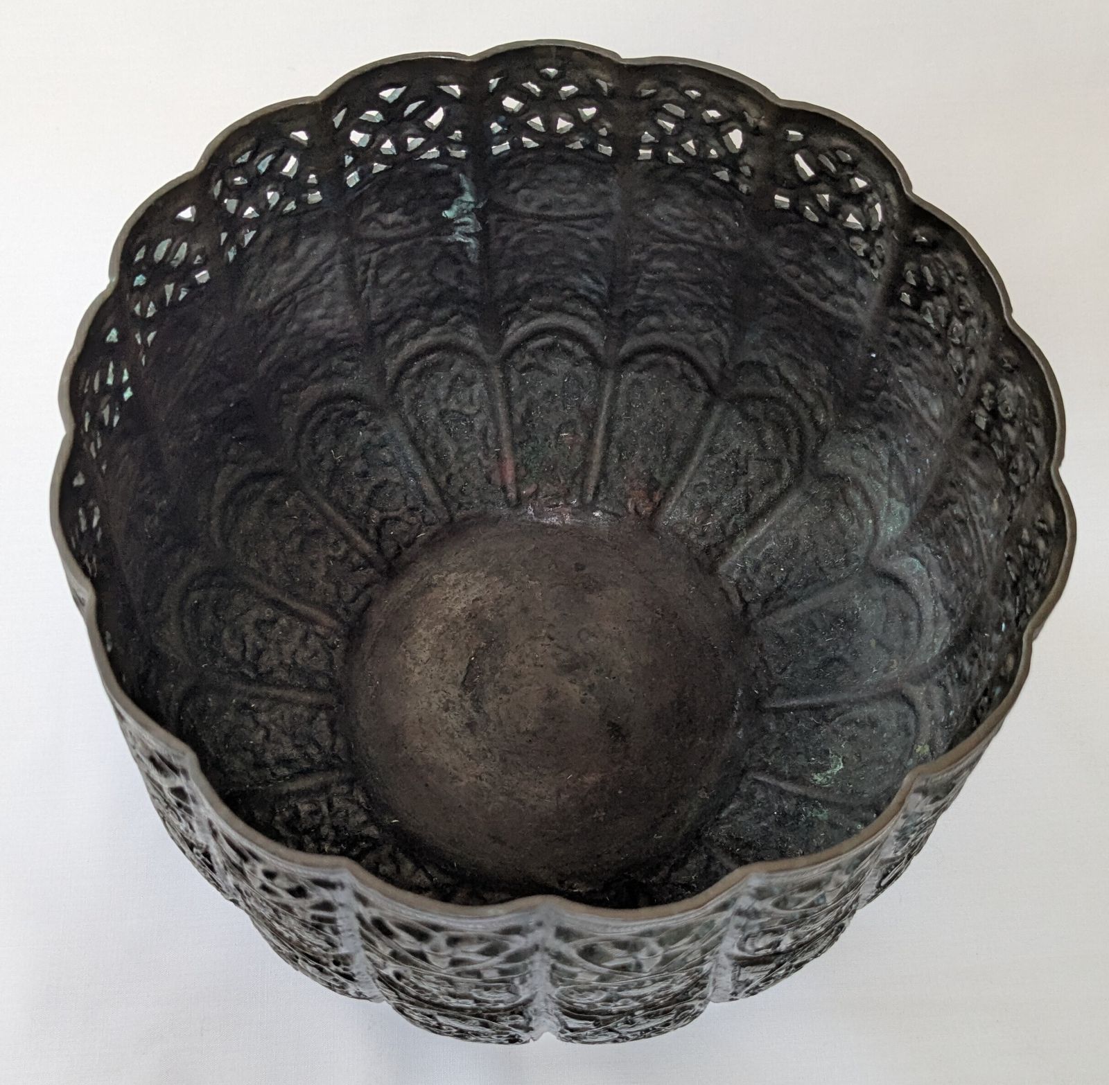Antique Islamic Kashmiri Copper Bowl / Planter With Cutwork And Relief Decoration photo for sale