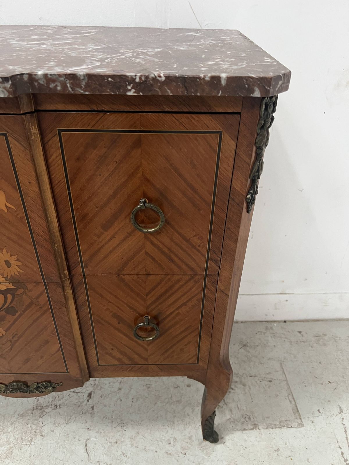 Transition Style Marquetry Chest Of Drawers With A Projecting Top, 20th Century photo for sale