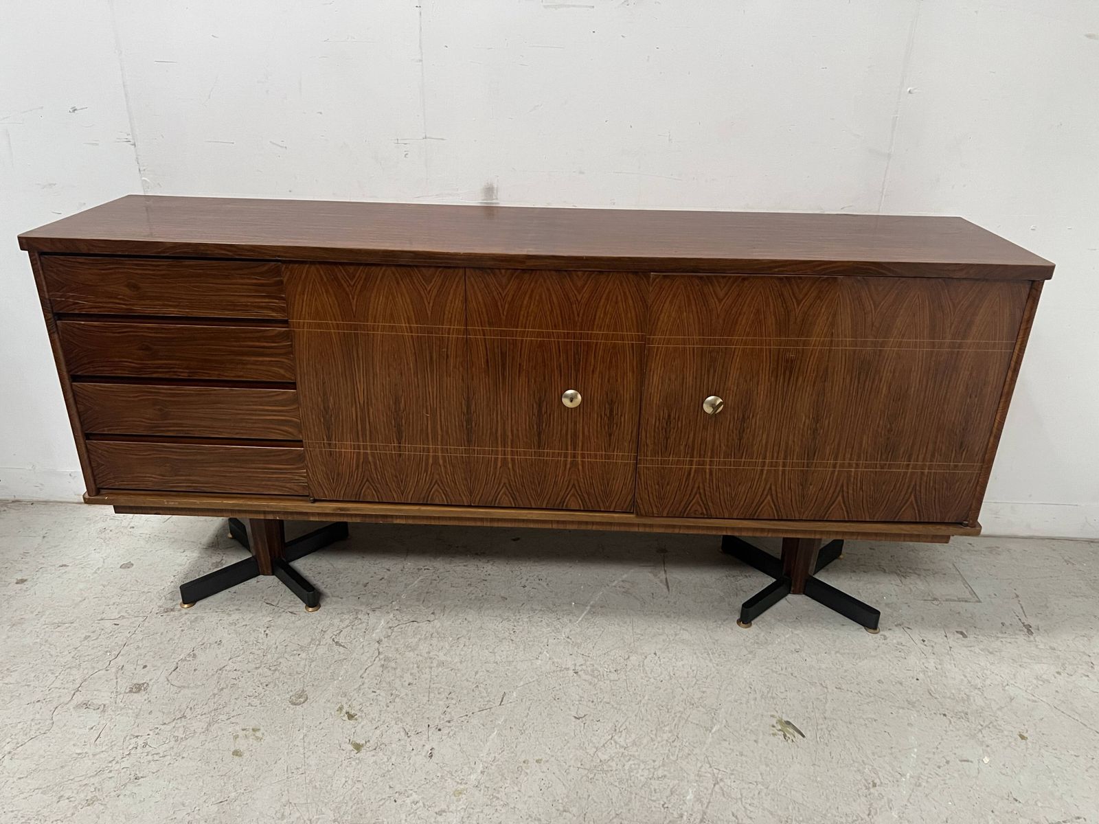 Scandinavian Sideboard In Veneered Wood With Iron Legs, 20th Century photo for sale