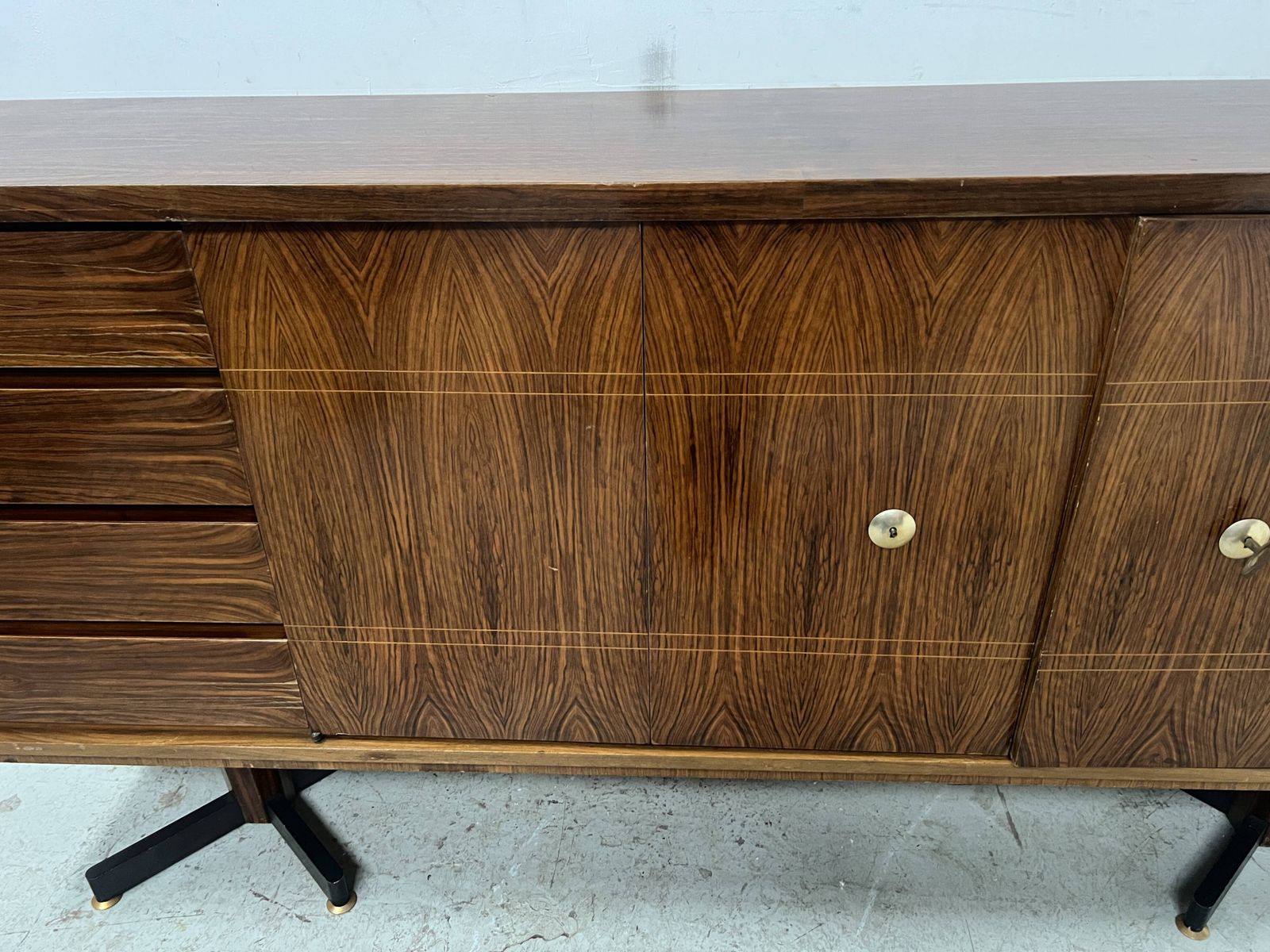 Scandinavian Sideboard In Veneered Wood With Iron Legs, 20th Century photo buy