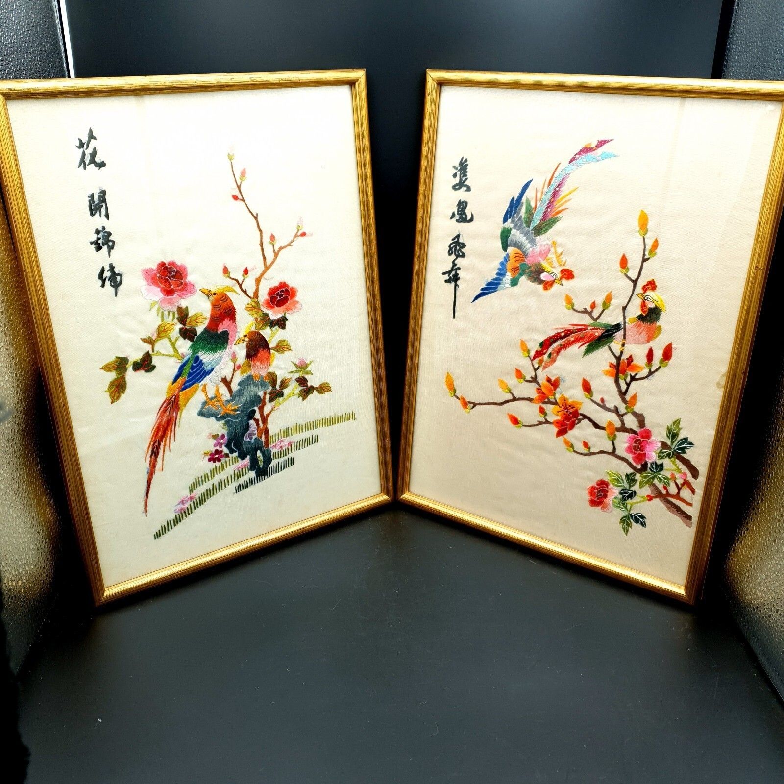 Vintage Chinese Silk Embroidery Birds & Flowers Framed Wall Art Pair