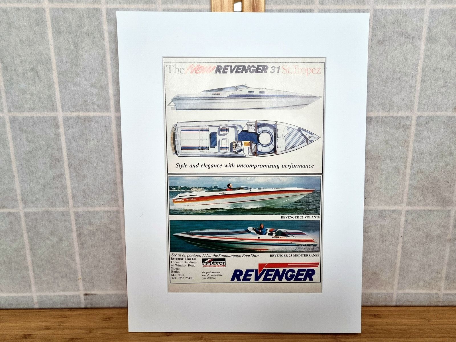 Luxury Speedboat Advert Print, Revenger Powerboat Design, 1980s Marine Magazine Advertisement, British Performance Boat
