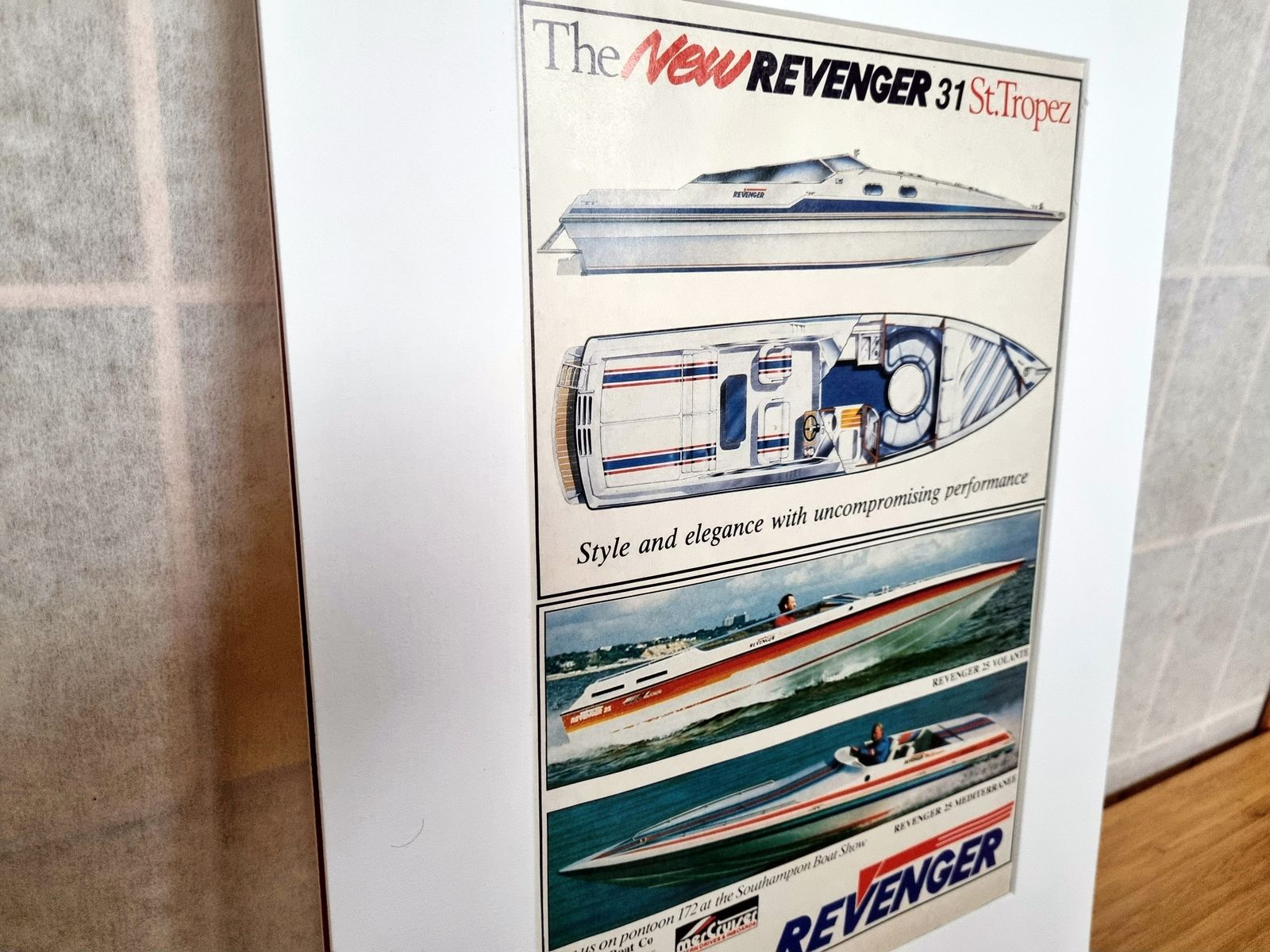 Luxury Speedboat Advert Print, Revenger Powerboat Design, 1980s Marine Magazine Advertisement, British Performance Boat photo for sale